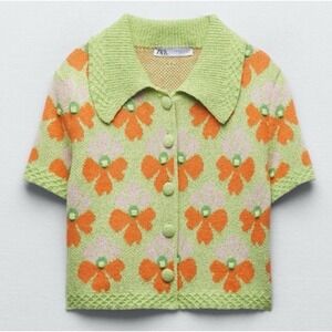 Zara Green Orange Pink Floral Collared Short Sleeve Knit Cropped Cardigan Top M